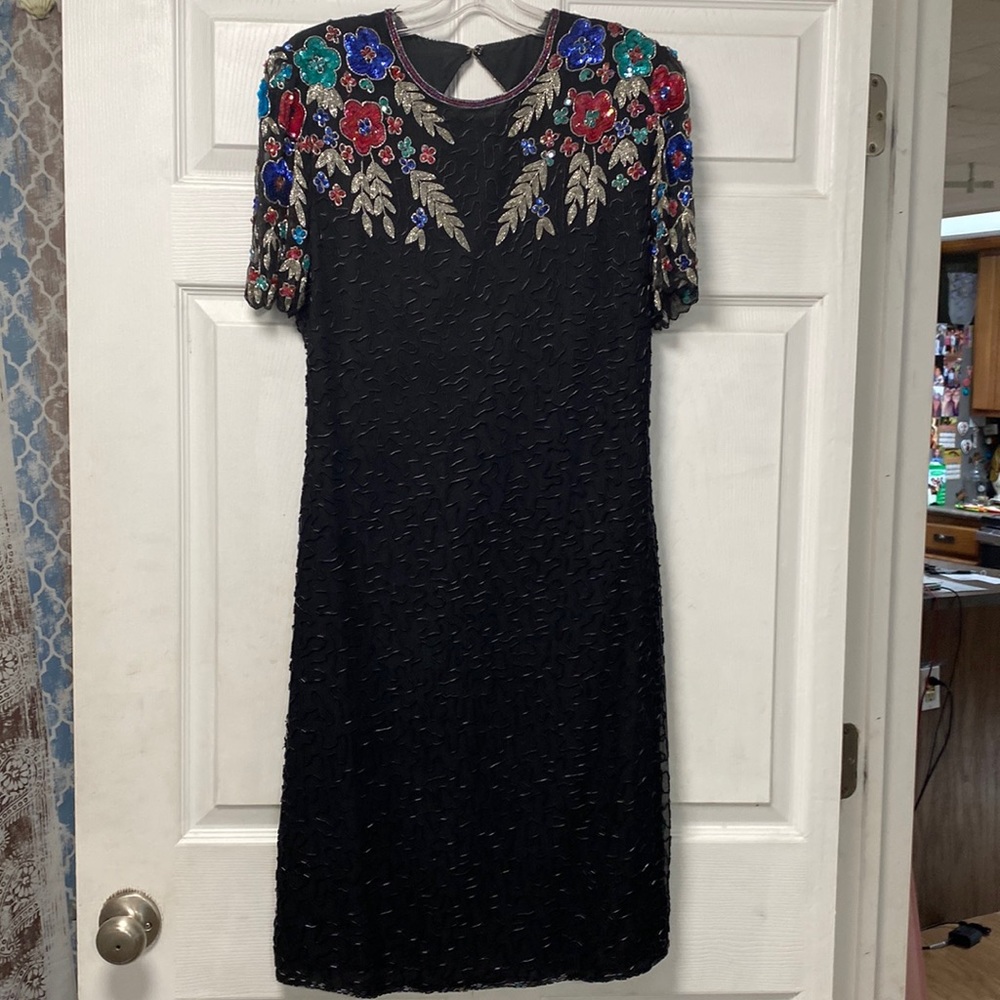 Vintage 80’s Black Beaded Sequin Silk party dress by Scala Milano Large